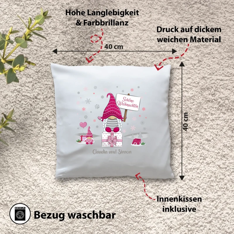 Personalisiertes Weihnachts-Kissen - Rosa Wichtel Schöne Weihnachten mit Wunschtext, Namen - Weihnachtsgeschenk