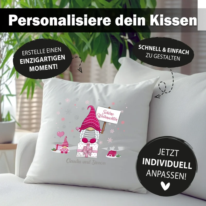 Personalisiertes Weihnachts-Kissen - Rosa Wichtel Schöne Weihnachten mit Wunschtext, Namen - Weihnachtsgeschenk