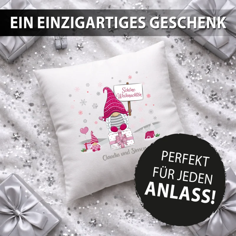 Personalisiertes Weihnachts-Kissen - Rosa Wichtel Schöne Weihnachten mit Wunschtext, Namen - Weihnachtsgeschenk