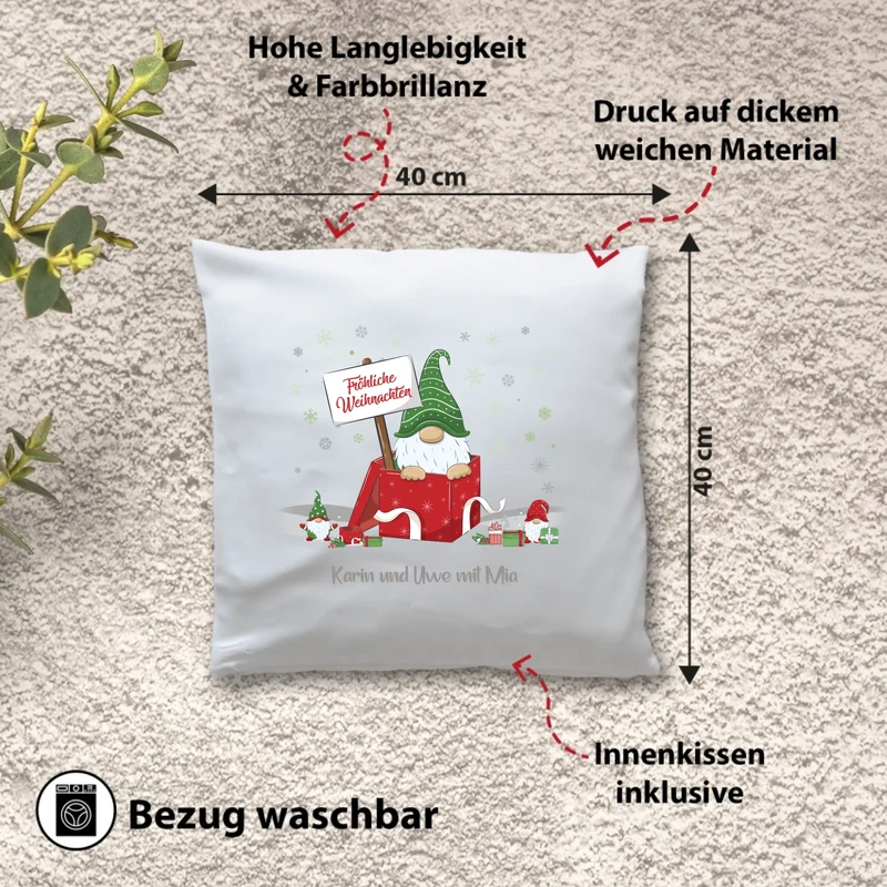 Personalisiertes Weihnachts-Kissen - Wichtel Fröhliche Weihnachten mit Wunschtext, Namen - Weihnachtsgeschenk
