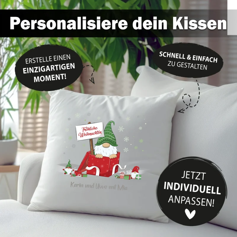 Personalisiertes Weihnachts-Kissen - Wichtel Fröhliche Weihnachten mit Wunschtext, Namen - Weihnachtsgeschenk