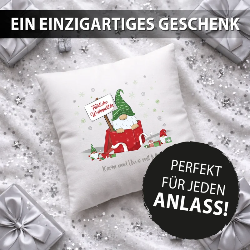 Personalisiertes Weihnachts-Kissen - Wichtel Fröhliche Weihnachten mit Wunschtext, Namen - Weihnachtsgeschenk