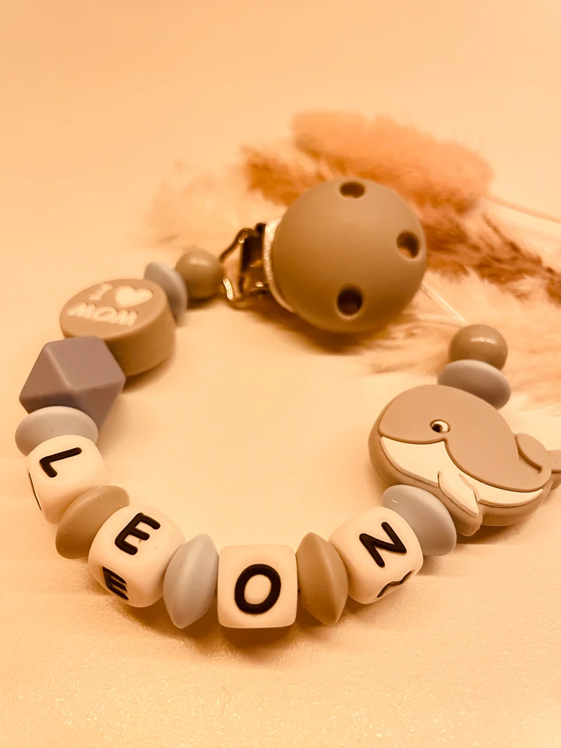Schnullerkette personalisiert Wal blau grau I love Mom