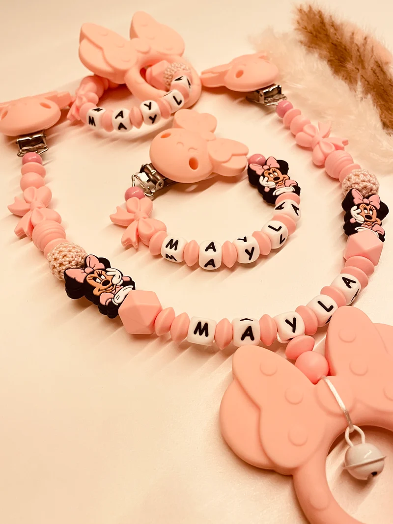 Schnullerkette, Kinderwagenkette, Greifring Maus Figur rosa