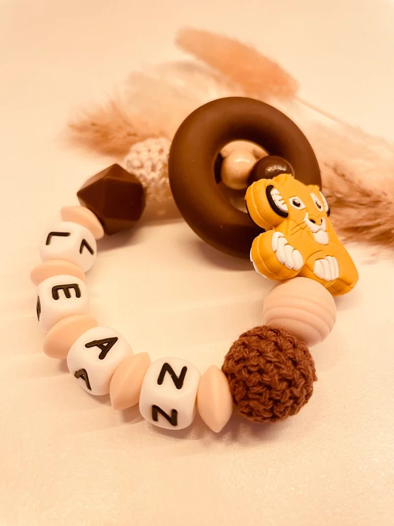 Schnullerkette, Kinderwagenkette, Greifring Löwe beige braun