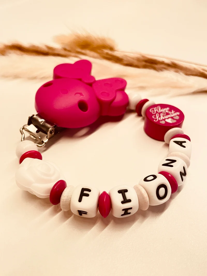 Schnullerkette Maus kleine Schwester pink weiß