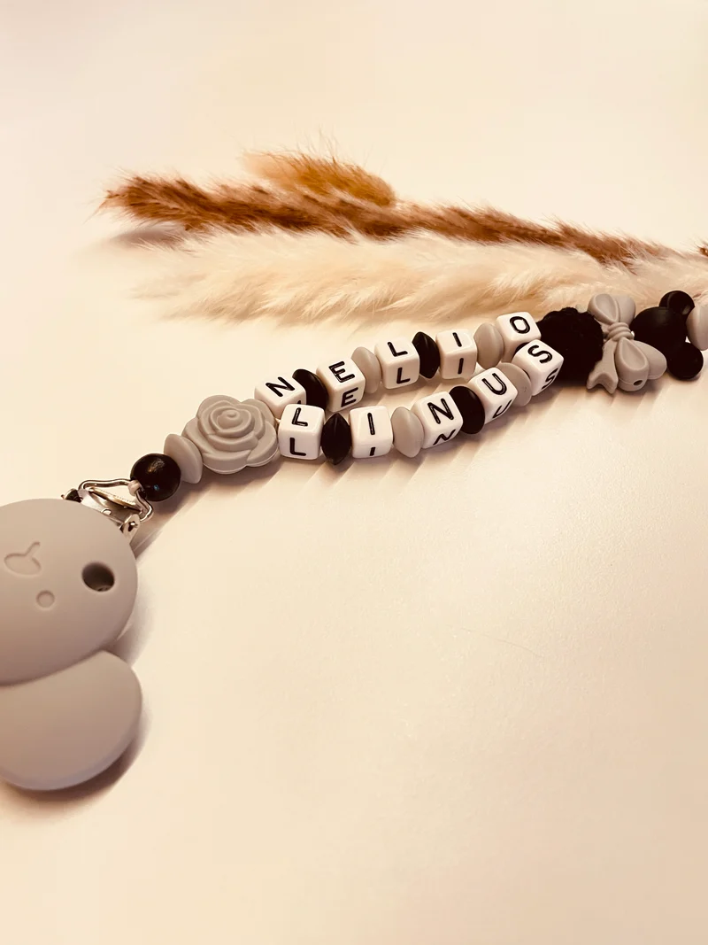Schnullerkette Maus grau schwarz