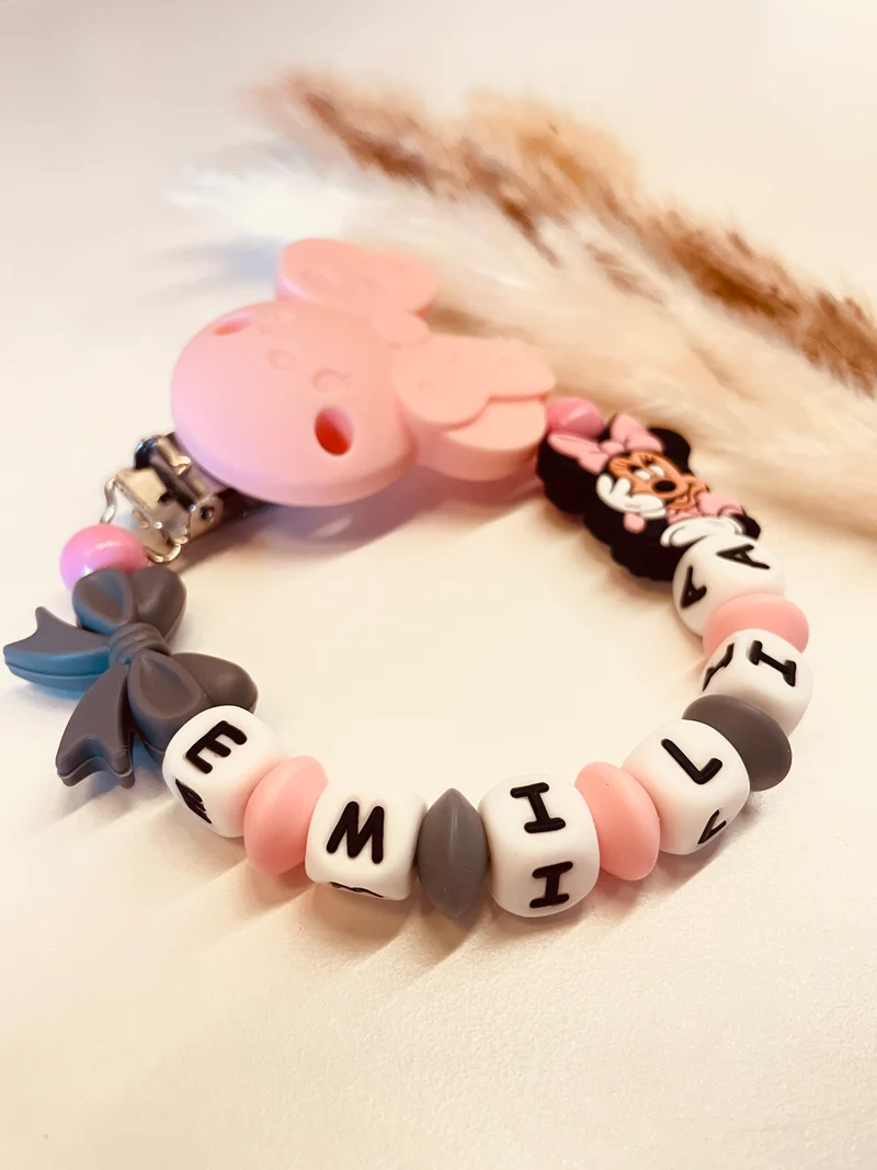 Schnullerkette Maus Figur grau rosa