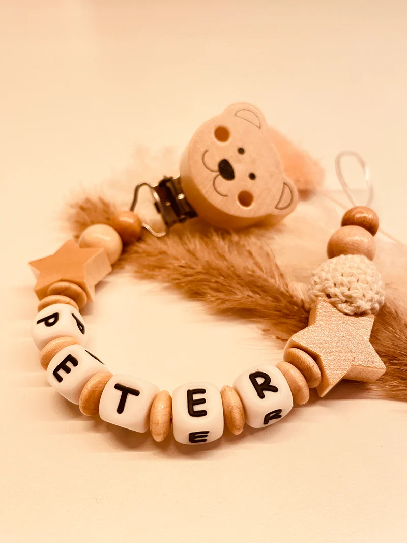 Schnullerkette personalisiert Bär mit Stern natur