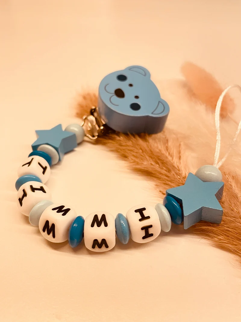 Schnullerkette personalisiert Teddy mit Stern blau