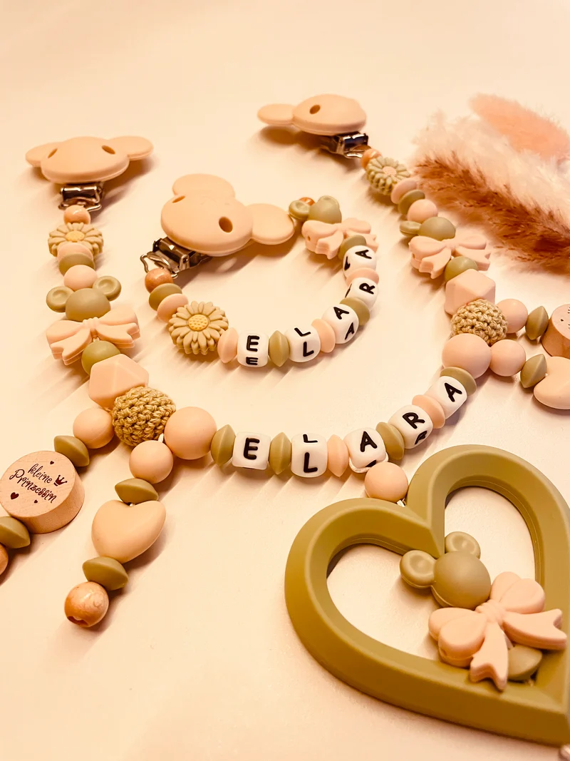 Schnullerkette, Kinderwagenkette personalisiert Maus mit Schleife lint/beige