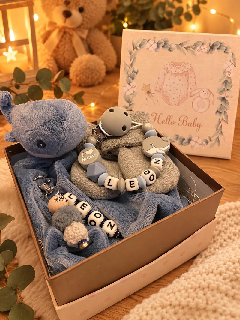 Geschenkbox Baby kleiner Wal blau 4-teilig