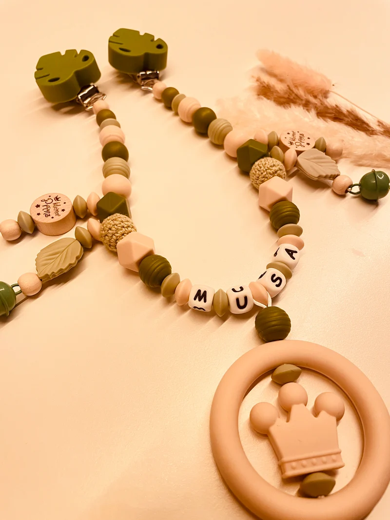 Schnullerkette Kinderwagenkette kleiner Prinz Blatt grün/beige