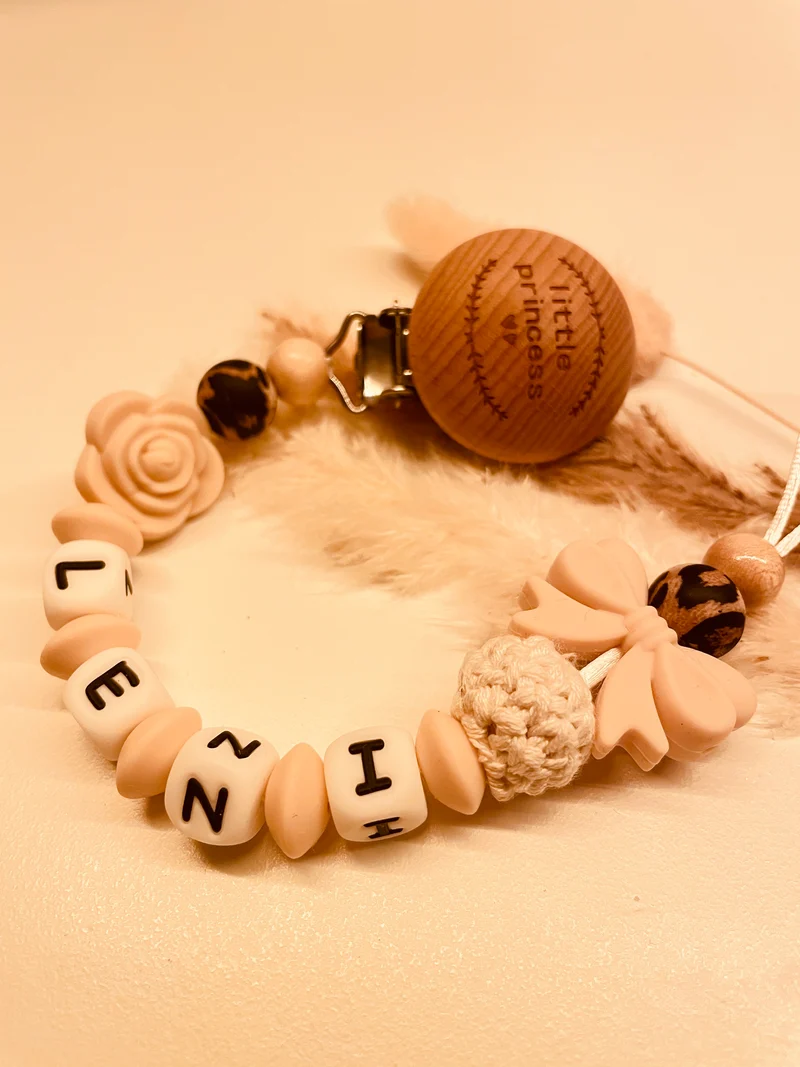 Schnullerkette personalisiert little Princess Leo Rose mit Schleife beige