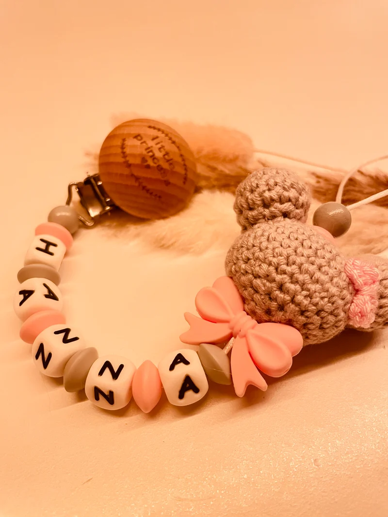 Schnullerkette personalisiert Häkelmaus little Princess rosa grau