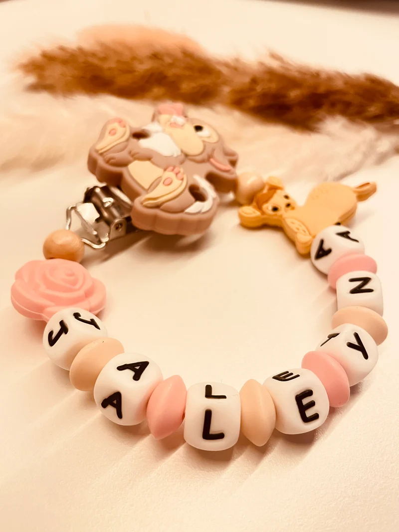 Schnullerkette Hase mit Reh rosa beige