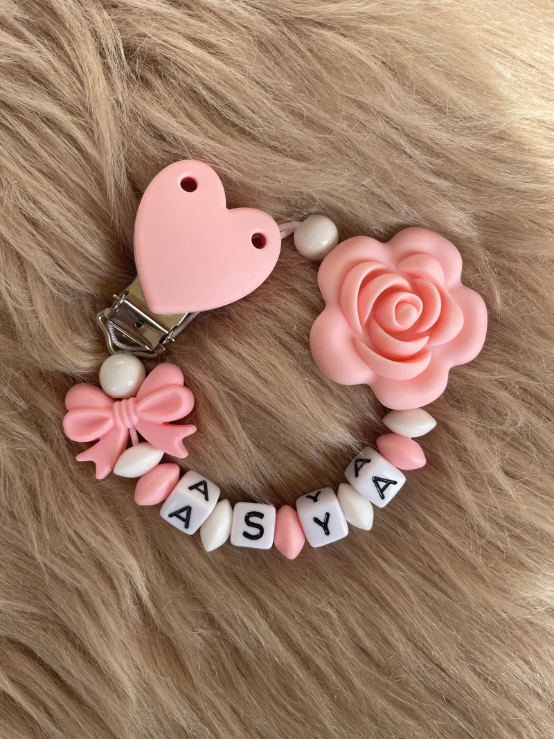 Schnullerkette Rose rosa weiß