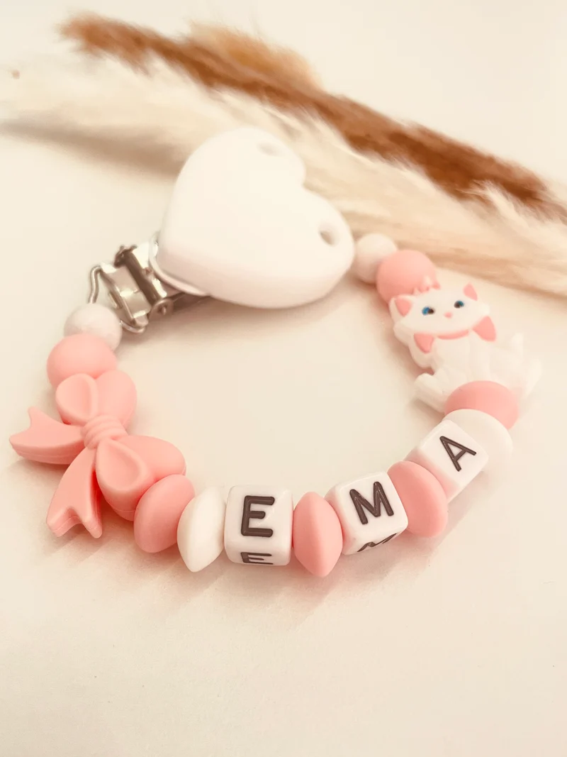 Schnullerkette Greifring Katze rosa weiß