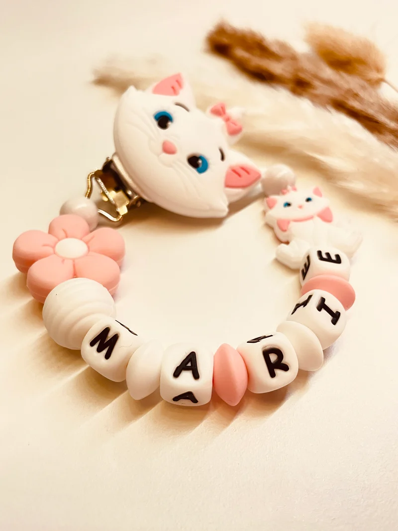 Schnullerkette Katze rosa weiß