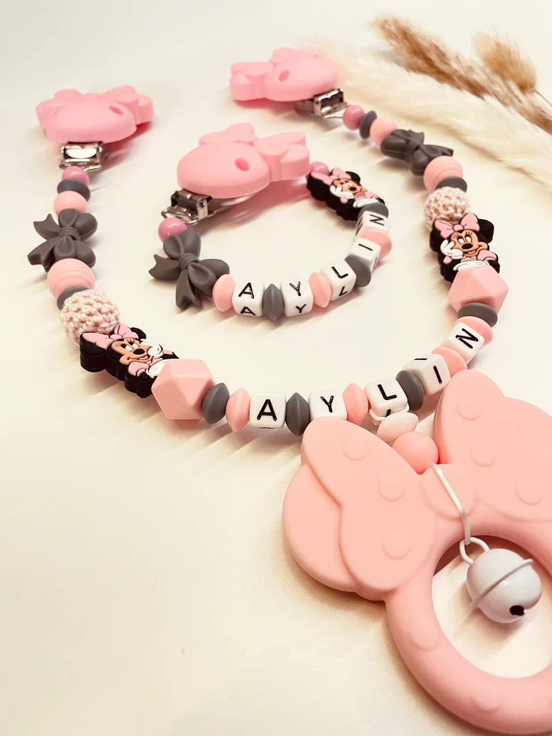 Schnullerkette, Kinderwagenkette, Greifring Maus Figur grau rosa