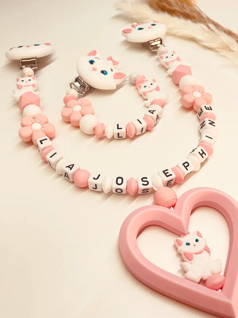 Schnullerkette, Kinderwagenkette Katze Blume rosa weiß