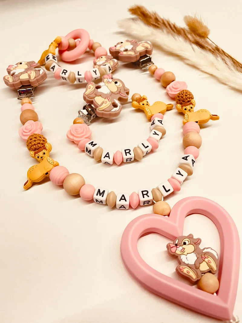 Schnullerkette, Kinderwagenkette, Greifring Hase Reh beige rosa