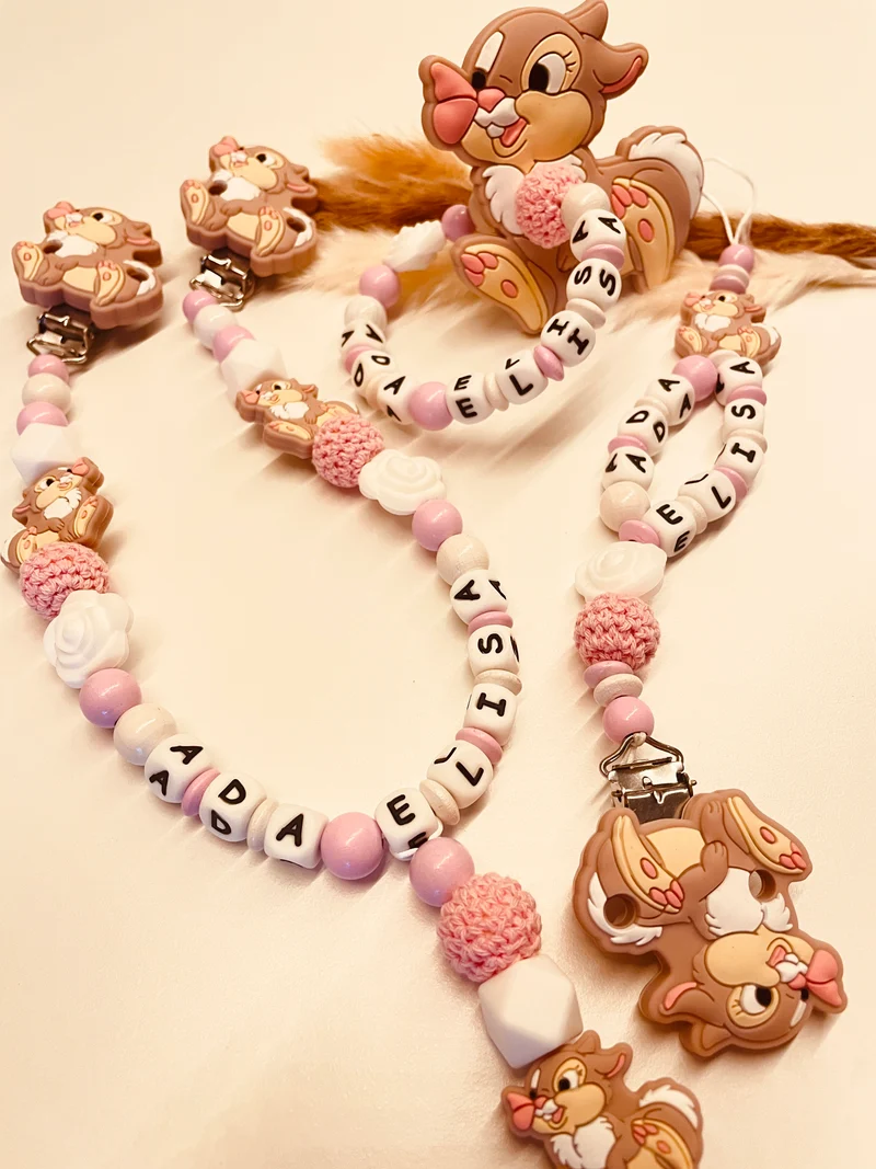 Schnullerkette, Kinderwagenkette, Greifring Hase weiß rosa