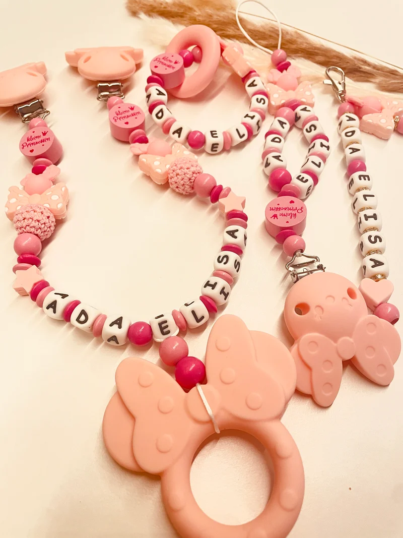 Schnullerkette, Kinderwagenkette, Greifring Schlüsselanhänger Maus rosa pink