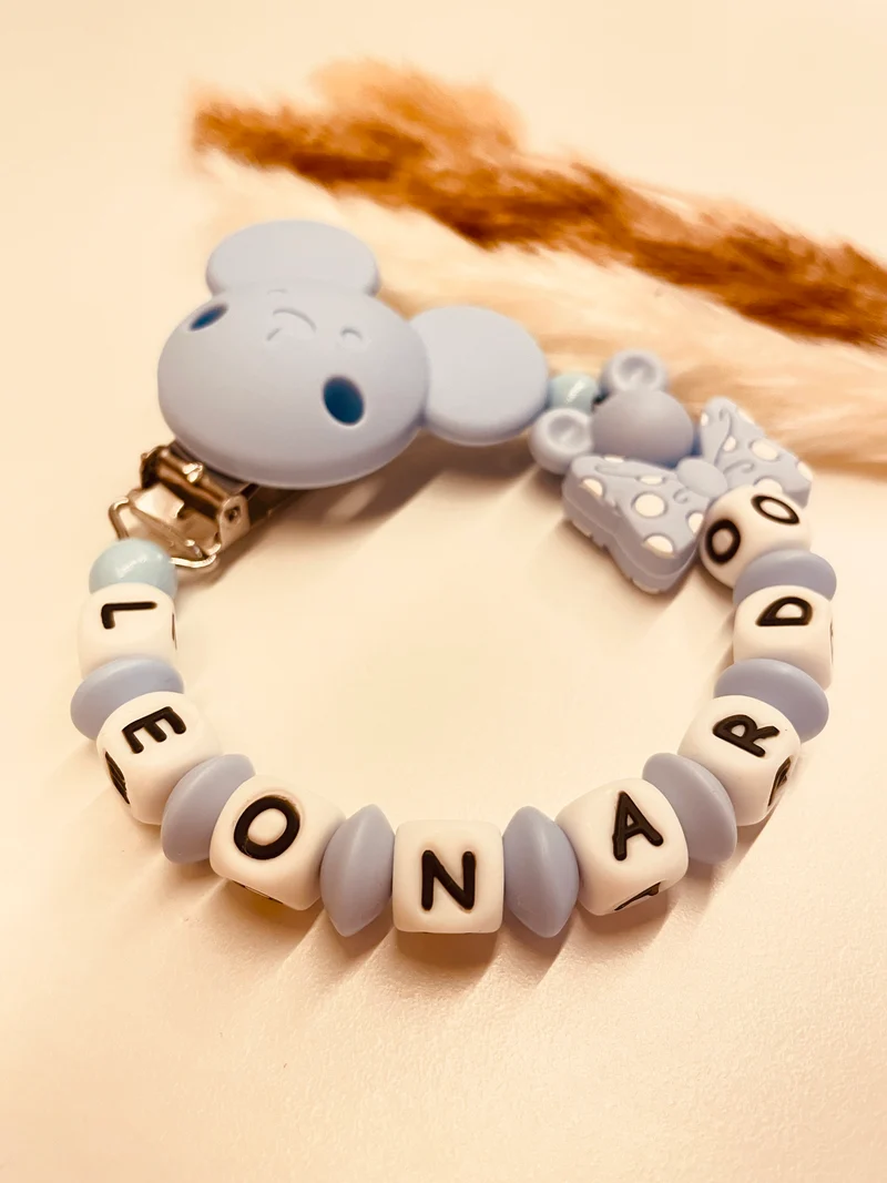 Schnullerkette Maus mit Schleife blau