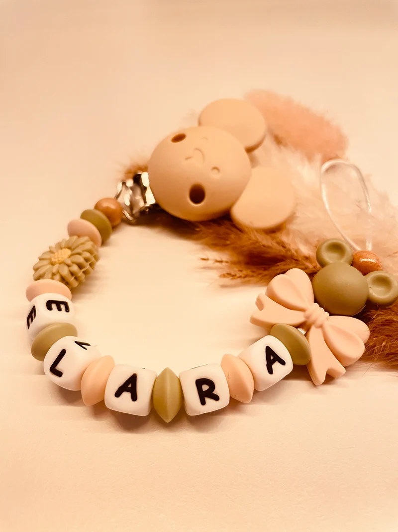 Schnullerkette personalisiert Maus mit Schleife lint beige
