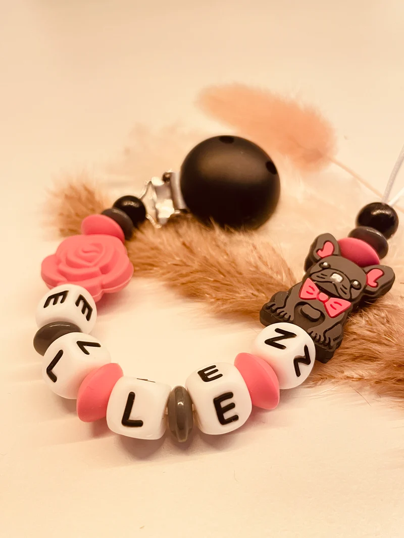 Schnullerkette personalisiert französische Bulldogge schwarz/pink