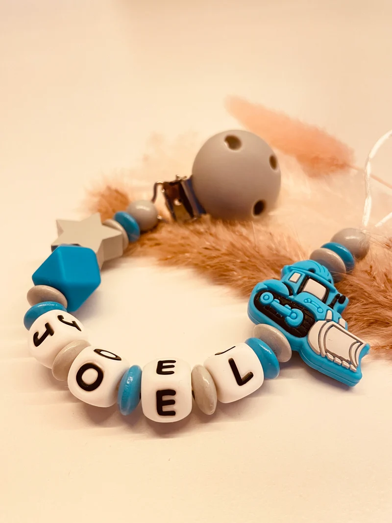 Schnullerkette personalisiert Bagger blau grau