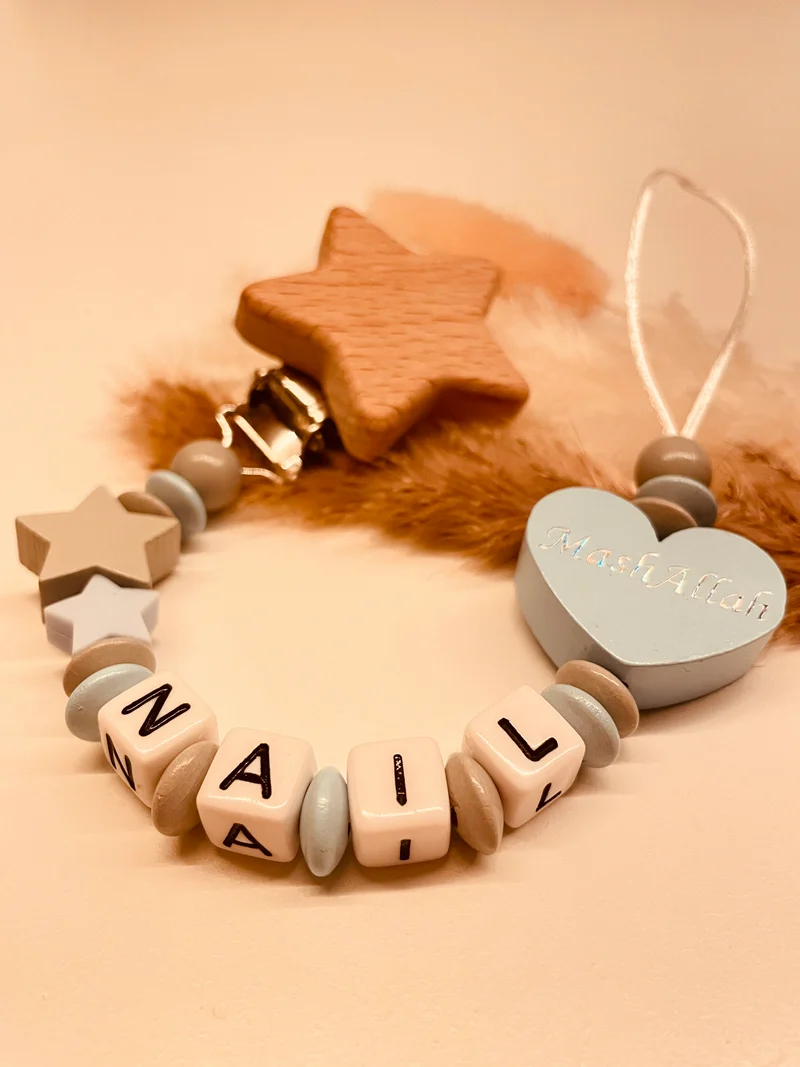 Schnullerkette personalisiert Mashallah Stern grau/blau