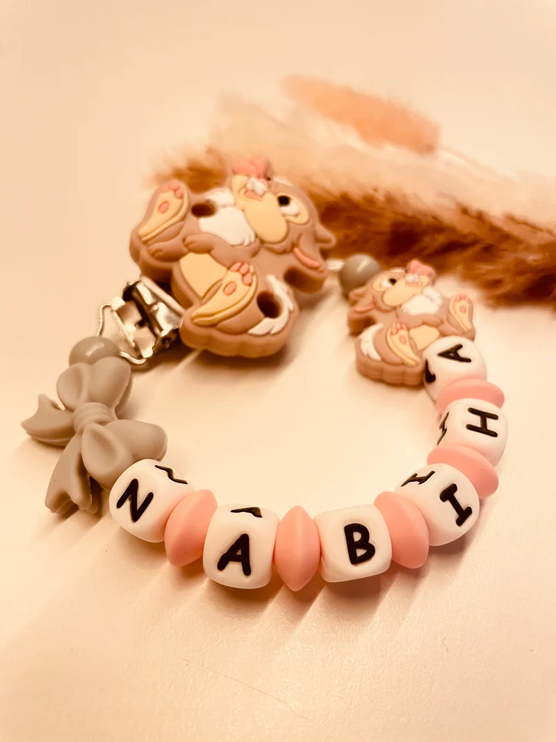 Schnullerkette Hase rosa grau
