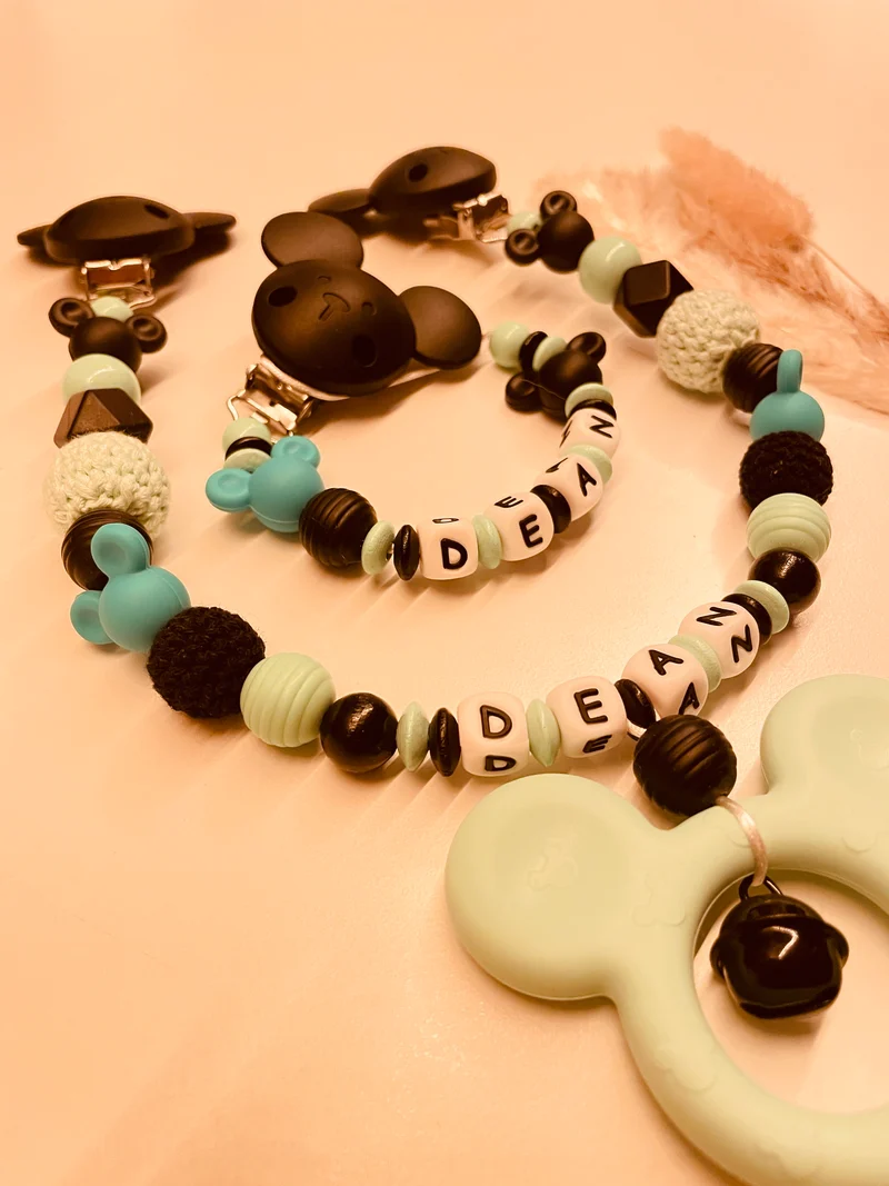 Schnullerkette Kinderwagenkette personalisiert Maus mint schwarz