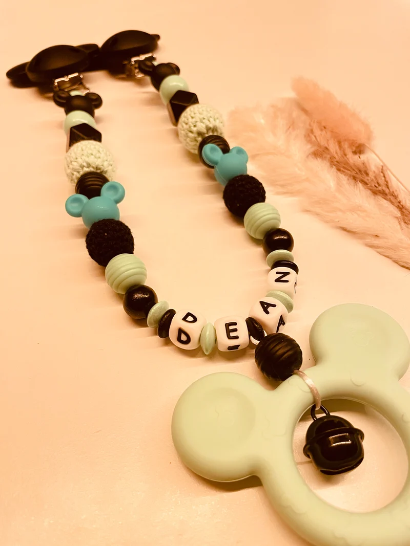 Schnullerkette Kinderwagenkette personalisiert Maus mint schwarz