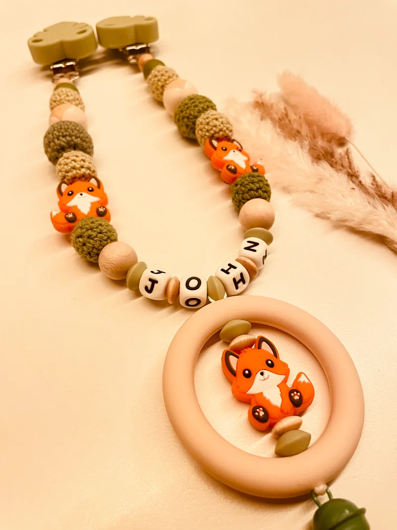 Schnullerkette Kinderwagenkette Greifring Babyschalenanhänger Schlüsselanhänger Fuchs grün beige