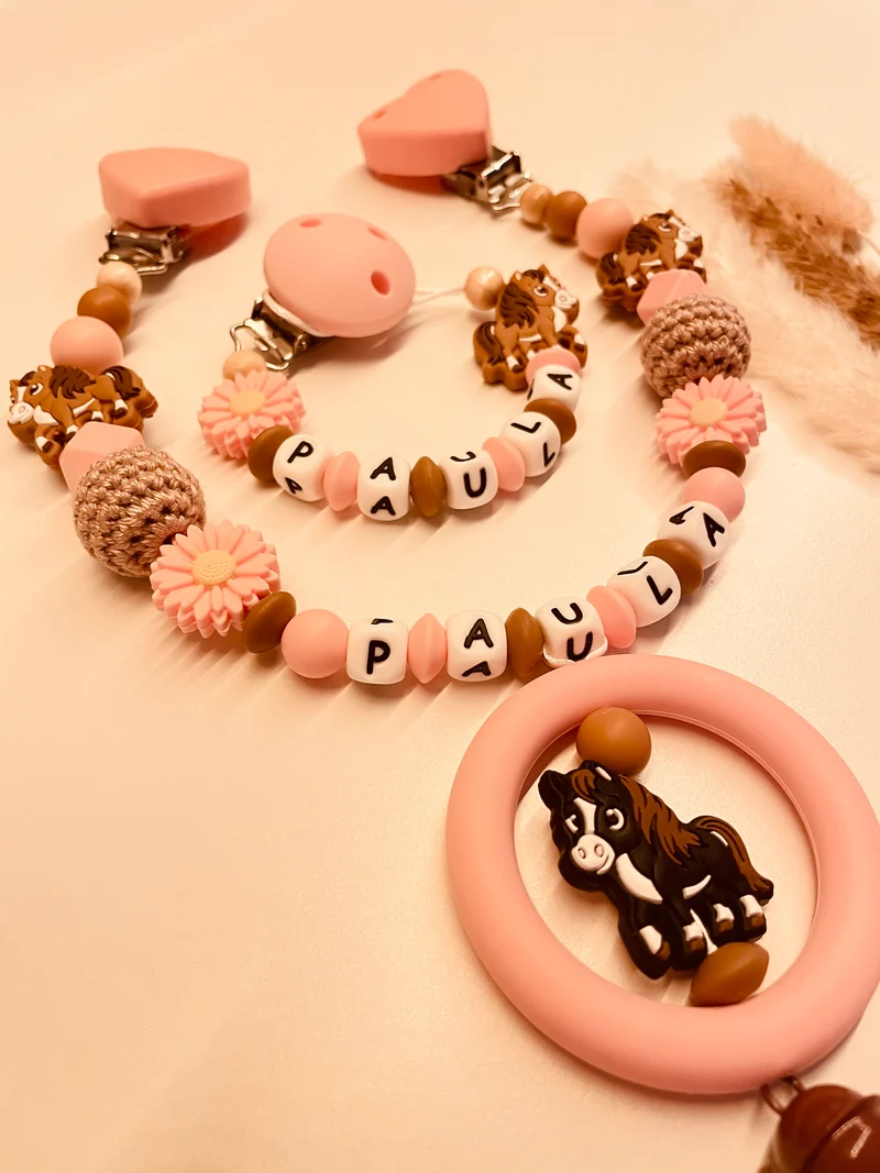 Schnullerkette Pferd rosa braun personalisiert