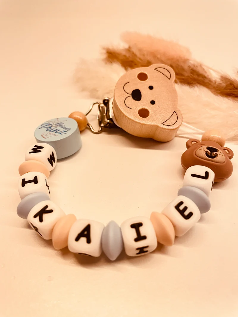 Schnullerkette Bär personalisiert blau/beige