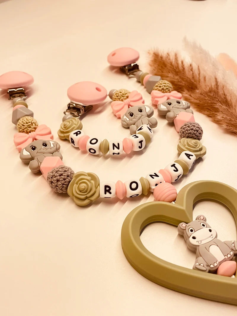 Schnullerkette, Kinderwagenkette Elefant lint grau rosa