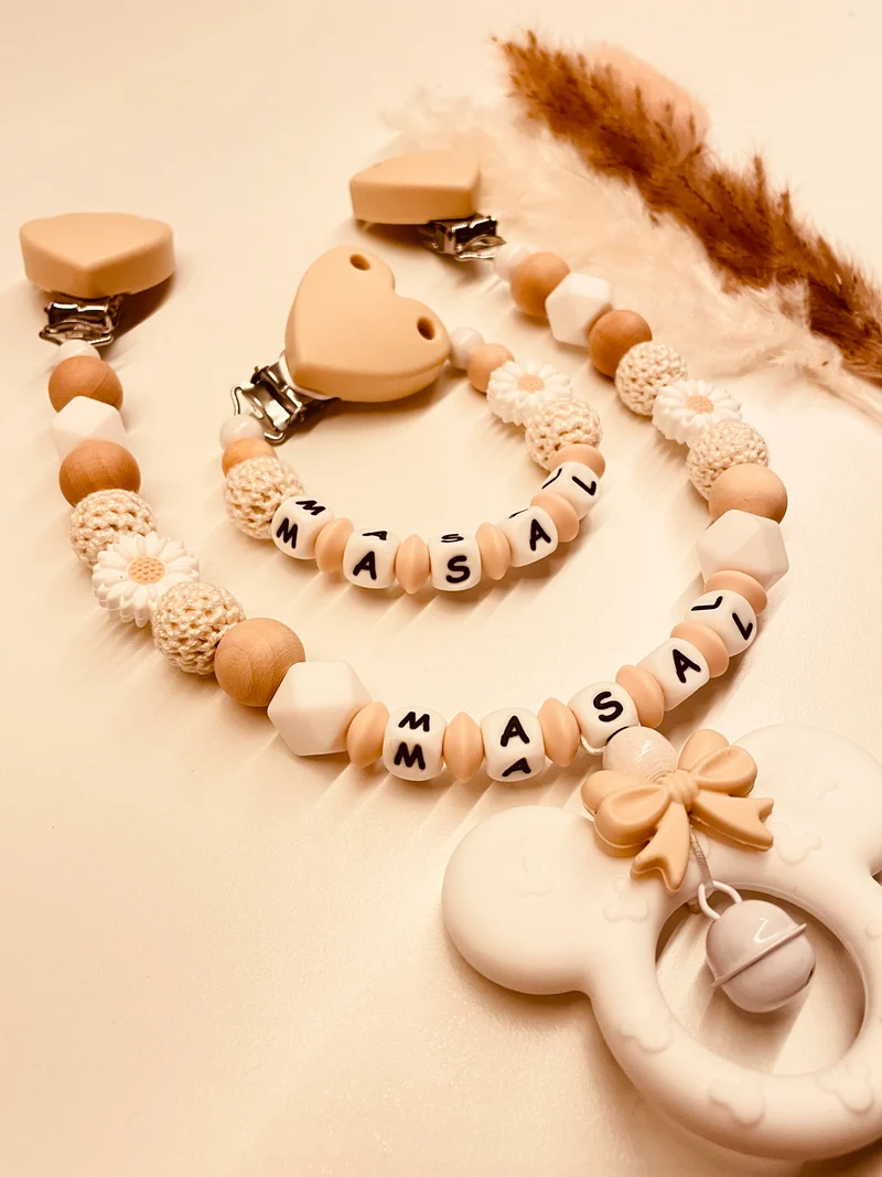 Schnullerkette, Kinderwagenkette beige weiß Blume Maus