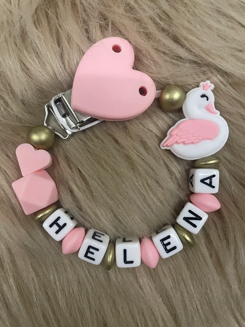 Schnullerkette Schwan rosa gold