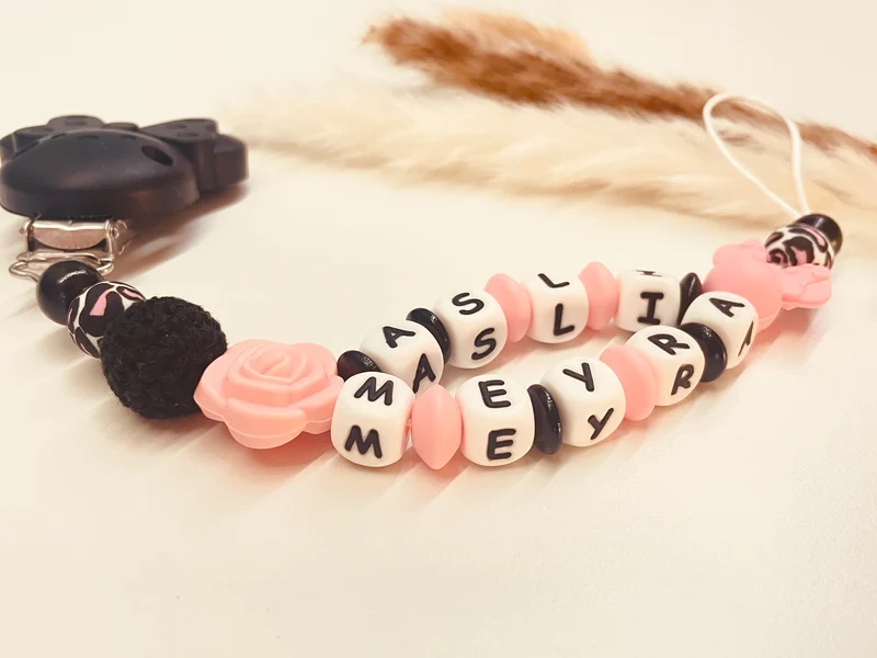 Schnullerkette Maus candy rosa schwarz Rose