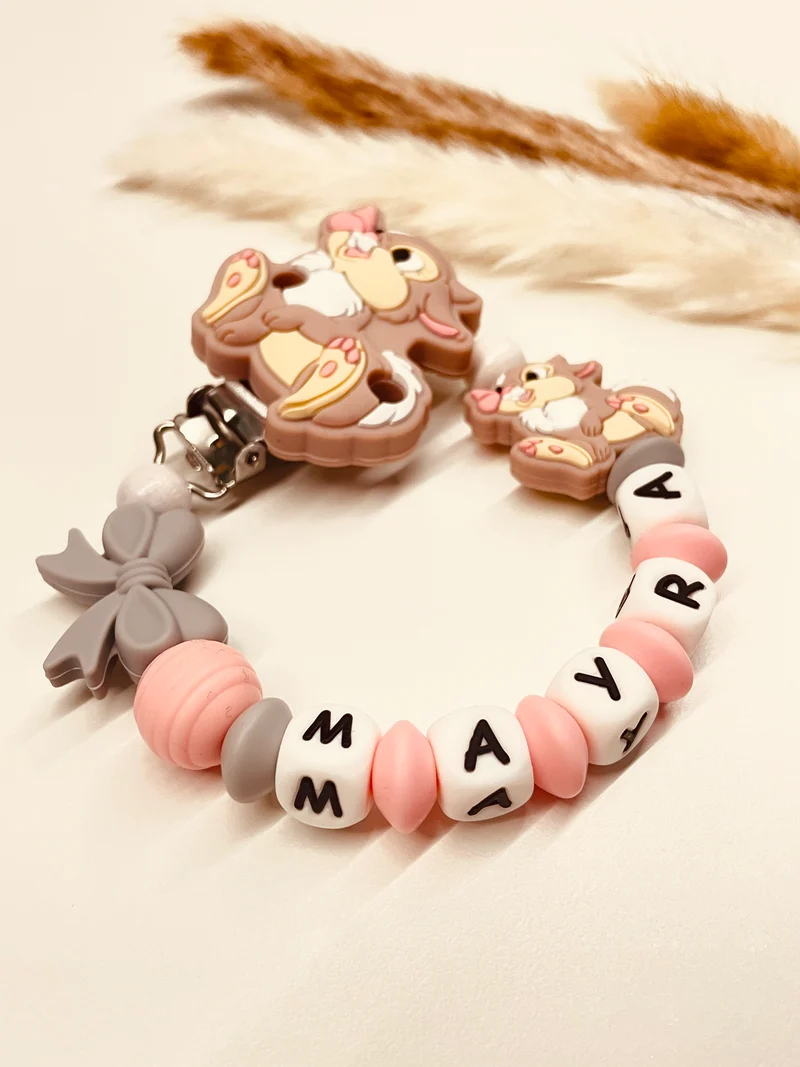 Schnullerkette Häschen candy rosa-grau