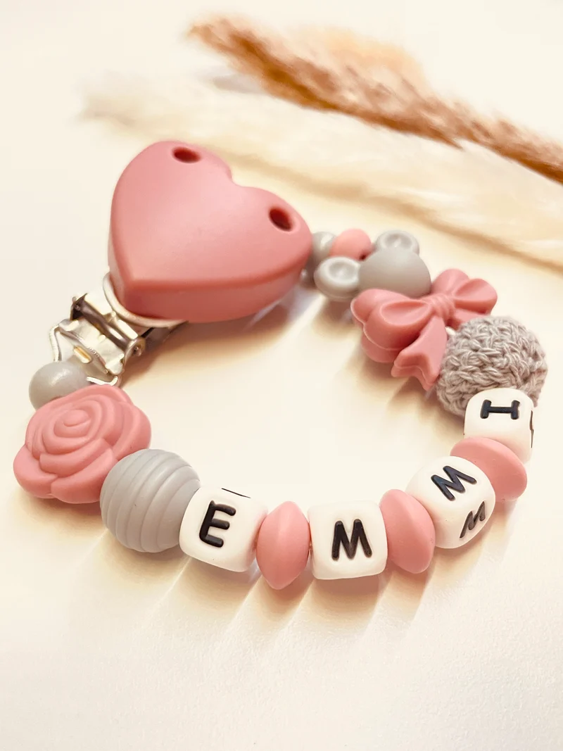 Schnullerkette Maus mit Rose grau altrosa
