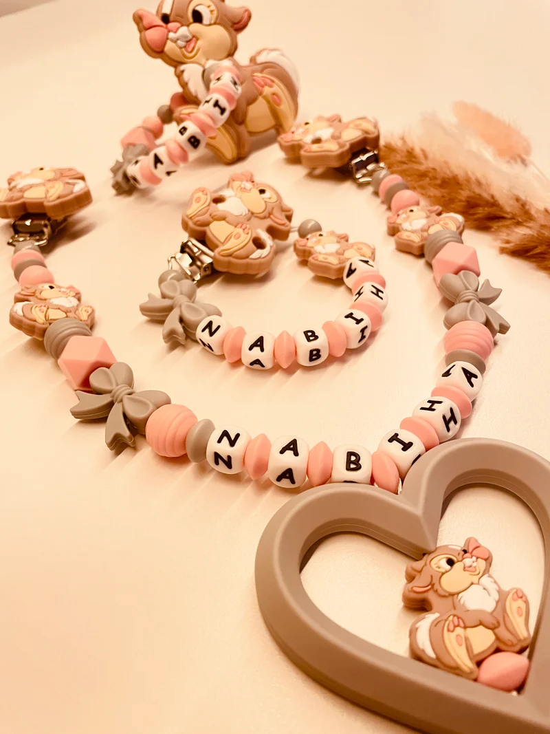 Schnullerkette, Kinderwagenkette, Greifring Hase grau rosa