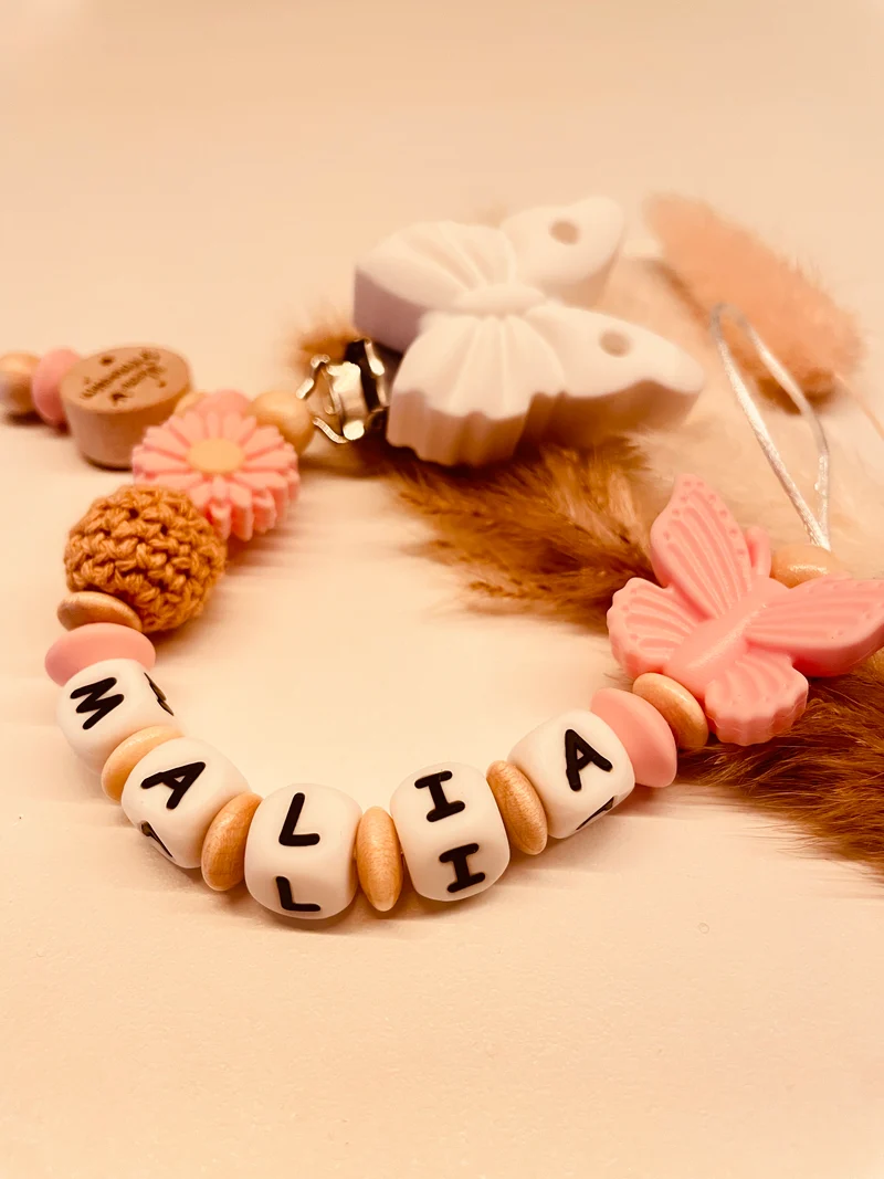 Schnullerkette Schmetterling rosa natur kleine Prinzessin mit Anhänger