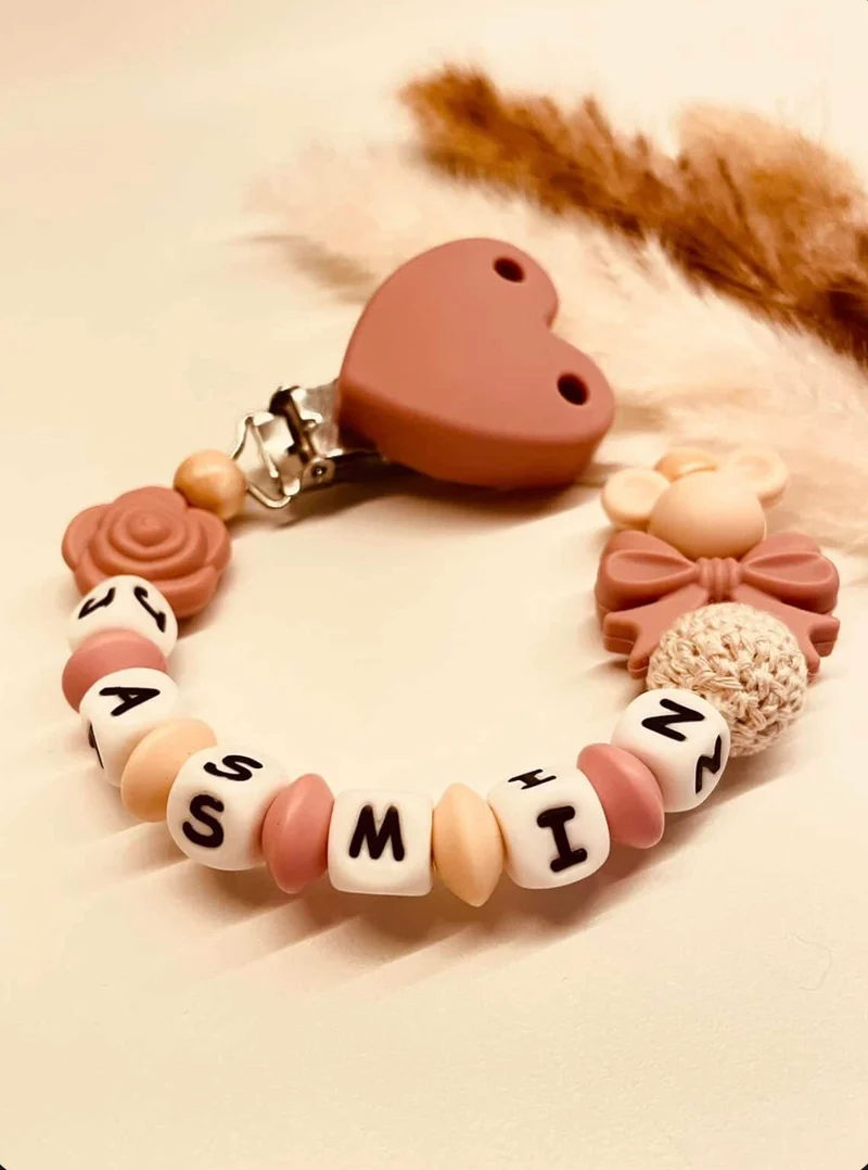 Schnullerkette personalisiert Maus mit Rosa altrosa/beige