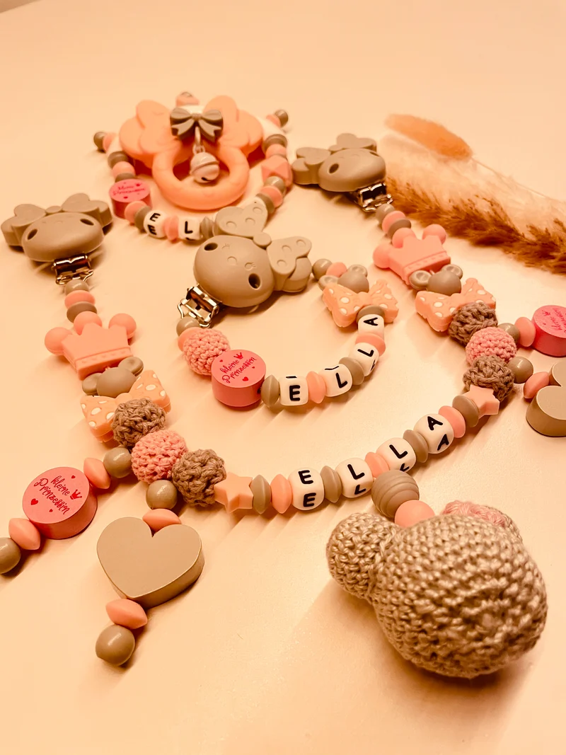 Schnullerkette Kinderwagenkette Greifring personalisiert Maus kleine Prinzessin grau rosa