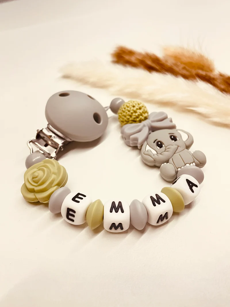Schnullerkette Elefant grau-lint